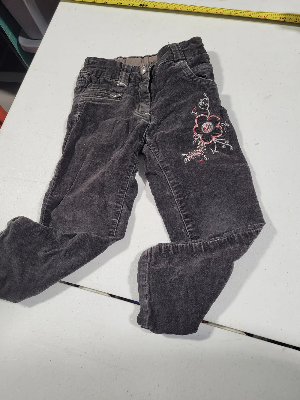 Hestra Black Corduroy Skinny Pants with Pink Floral Stitching